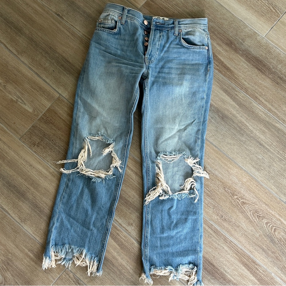 We the Free Cropped Distressed Jeans with Raw Hem